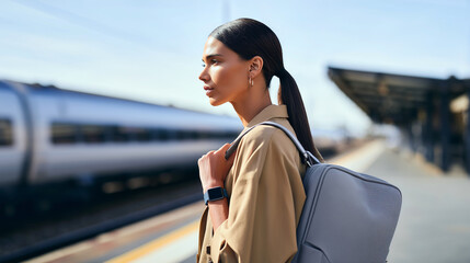 Professional business woman with backpack waiting at train station platform. Female commuter in beige coat using sustainable railway transportation for corporate travel and daily commuting.