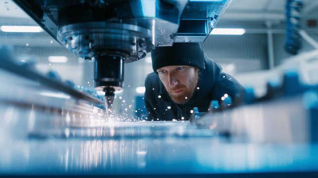 CNC machinist operating precision milling machine in modern manufacturing facility. Industrial worker monitoring metal cutting process with sparks and coolant in factory.