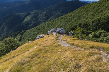 Rocks in Balkan Mountains seen from Shipka Pass in Bulgarka nature park, Bulgaria