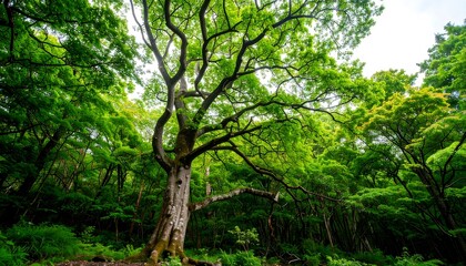 Obraz premium Lush forest canopy with large, vibrant tree