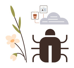 Beetle alongside a blooming flower with cloud computing icons, showcasing nature and digital connectivity. Ideal for ecology, innovation, sustainability, data, science, software, and technology