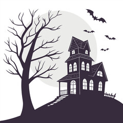 haunted house on hill with bats and moonlight