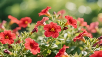 Obraz premium Vibrant red flowers bloom against a green background, showcasing the fresh vitality and beauty of nature.