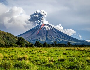 Fototapeta premium Erupting volcano over grassy plain