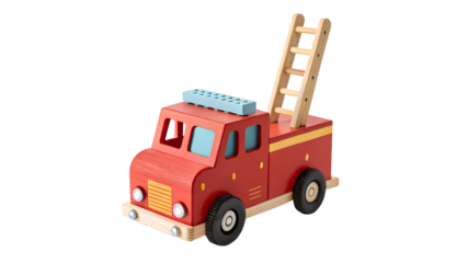 Red Wooden Toy Fire Truck with Ladder and Blue Roof Detail on White graphic design