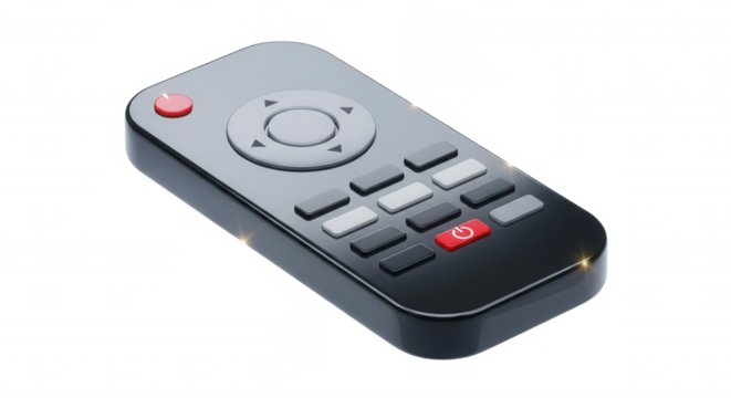 Sleek modern television remote control against a stark transparent background