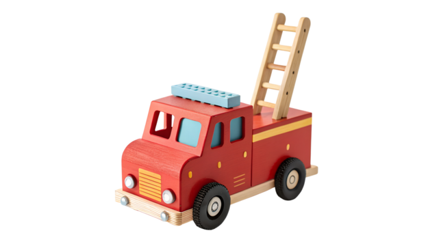 Red Wooden Toy Fire Truck with Ladder and Blue Roof Detail on White graphic design