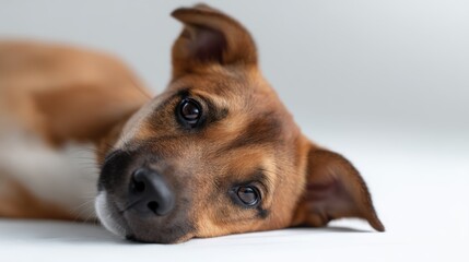 A close-up of a small brown dog's shiny black nose and expressive eyes looking directly,