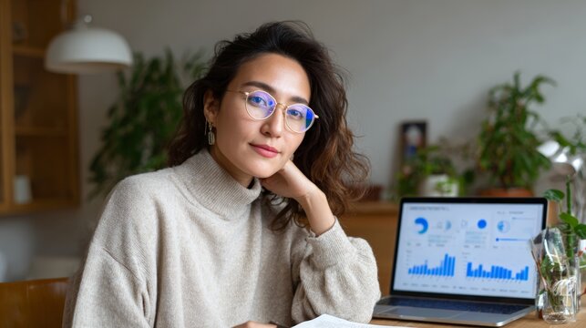 Young asian female professional analyzing data reports at home office with laptop.