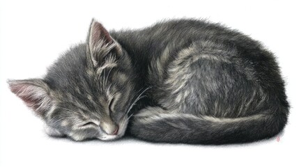 Fototapeta premium A sleeping grey tabby kitten curled up in a serene position with closed eyes and pointed ears, soft dense fur,