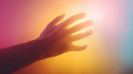 A human hand silhouetted against a vibrant multicolored background,