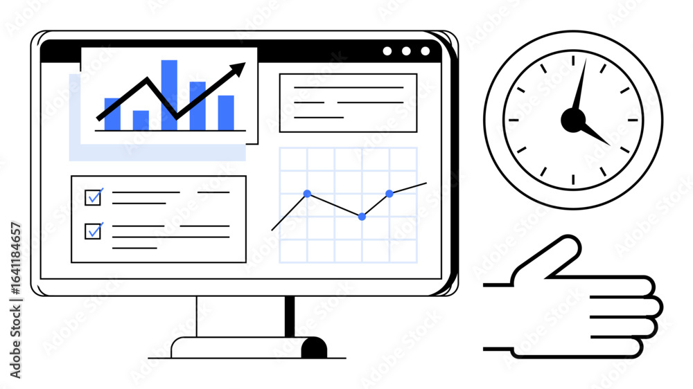 Poster computer monitor displaying growth charts, checklists, and analytics, complemented by a clock and a 