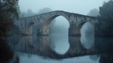 Misty morning, ancient stone bridge, river reflection, autumn trees. Travel poster