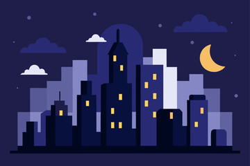 Fototapeta premium Illustration of a city skyline at night with moon and stars