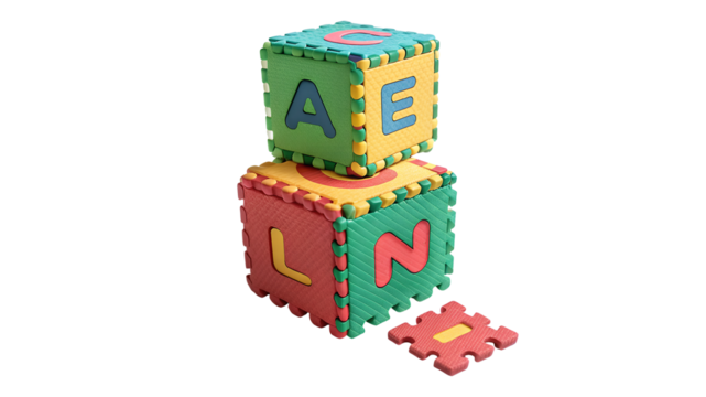Two Interlocking Foam Alphabet Blocks Stacked with a Loose Piece on transparent Background