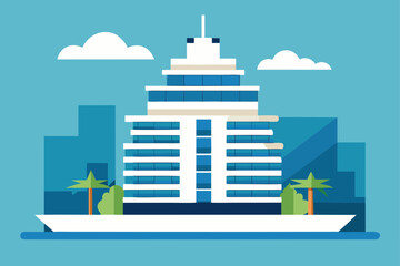 Obraz premium Illustration of a modern building on a ship with palm trees