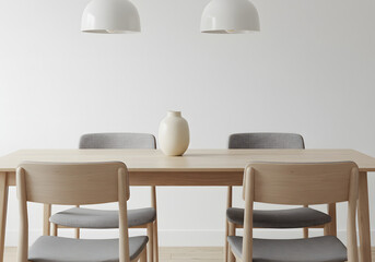 Minimalist dining room scene with table chairs and decorative vase