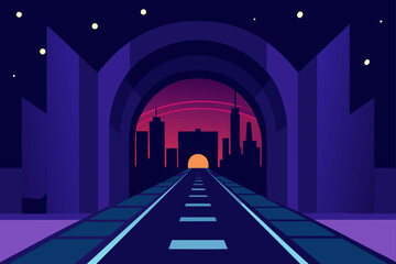 Fototapeta premium Illustration of a road leading to a city skyline at sunset