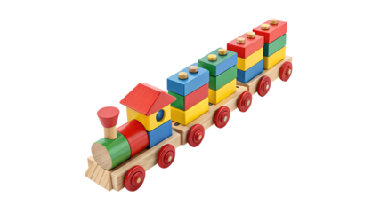 Wooden Toy Train with Colorful Stacking Blocks on a transparent Background graphic design