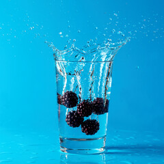 Blackberrys in water with splash, blue background