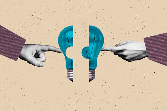 Banner artwork poster composite image collage of human hands point puzzle challenge decision logic startup eureka lamp blackout - Powered by Adobe
