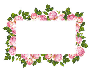Elegant watercolor rectangular frame of pink peony roses with lush green leaves, perfect for invitations, wedding cards, and floral design projects. White space for text in the center.