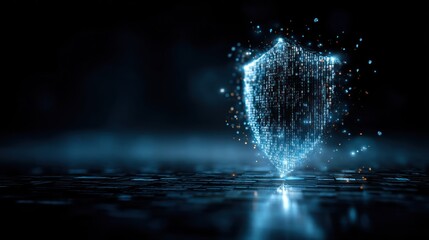 Cyber defense shield glowing in dark virtual space with floating code