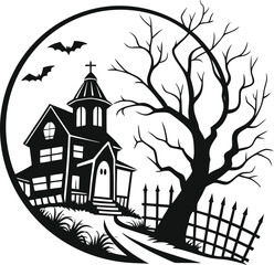 haunted house on hill with bats and moonlight