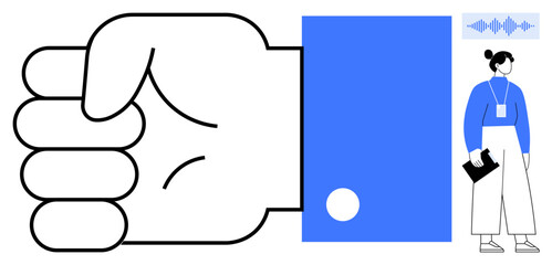 Closed fist gesture paired with a professional woman carrying documents and audio wave, conveying themes of teamwork, focus, leadership, communication, empowerment, productivity, and resilience