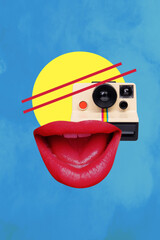 Image pop 3d zine art vertical collage of happy female mouth lips retro camera polaroid device shooting paparazzi content