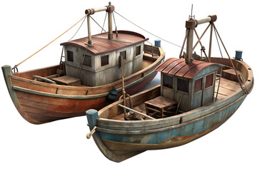 Two vintage wooden fishing boats with cabins and rigging on a white background in a studio setting
