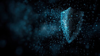 Cyber defense shield glowing in dark virtual space with floating code