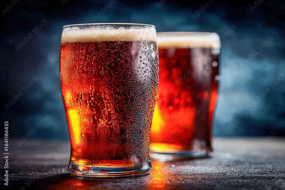 Poster refreshing dark beer pints with condensation on a dark table, perfect for breweries and pubs