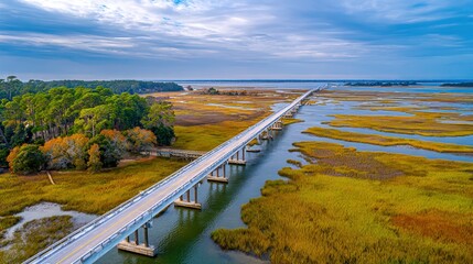Scenic Aerial View of a Coastal Bridge Spanning Marshland Under a Cloudy Sky, Perfect for Travel Advertisements