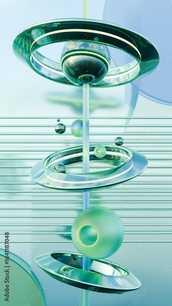Aufkleber an abstract digital artwork featuring a vertical bar in the center with floating metallic and transl