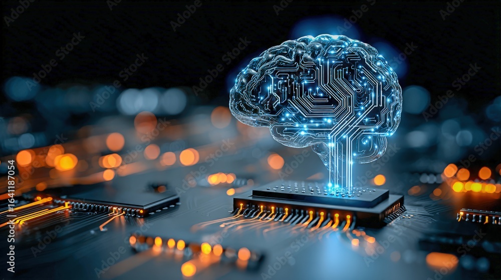 Poster artificial intelligence brain integrated on circuit board, illustrating ai, machine learning and neu