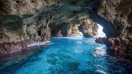 Ocean Cave with Turquoise Water: Exploring Coastal Rock Formations and Sea Caves