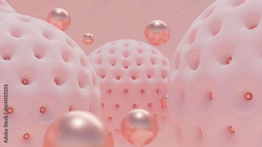 Poster pink abstract composition with round elements featuring large textured balls