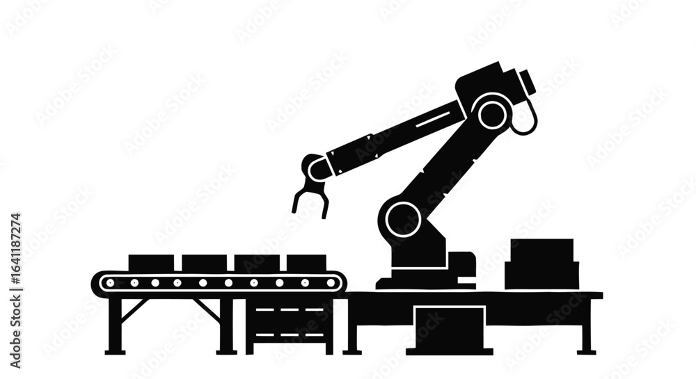 Poster minimalist industrial robot silhouette vector. modern assembly line automation tech icon.
