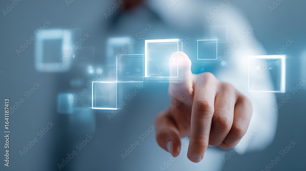 Poster man interacting with digital interface: future technology, data visualization, and innovation concep