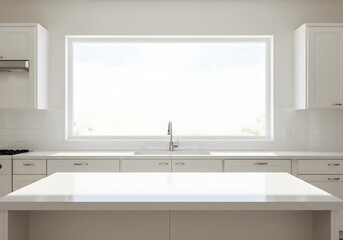 Modern white kitchen interior with bright sunlight and minimalist design