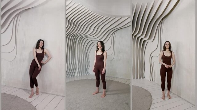 A woman in a jumpsuit from three angles: against the wall, in the center of the hall, against the background of architectural curved lines.