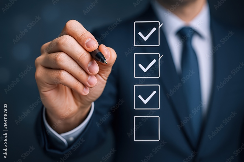 Poster businessman completing a checklist with checkmarks, using a stylus on a transparent screen, achievin