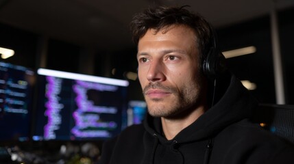 Young caucasian male programmer focused on coding in a dimly lit office.