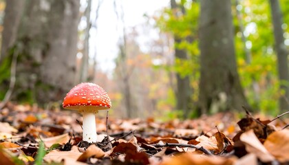 Vibrant red mushroom with white spots amidst autumn leaves in a forest