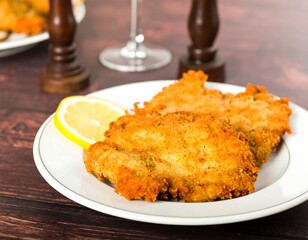 Three golden-brown breaded cutlets on a plate with lemon wedge