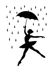 Ballerina dancing in the rain with umbrella silhouette vector illustration graphic design element art on transparent background