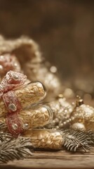 tiles and blur background probiotic market Festive Christmas Decorations with Glass Bottles Filled with White Candies and Silver Ornaments on Wooden Surface