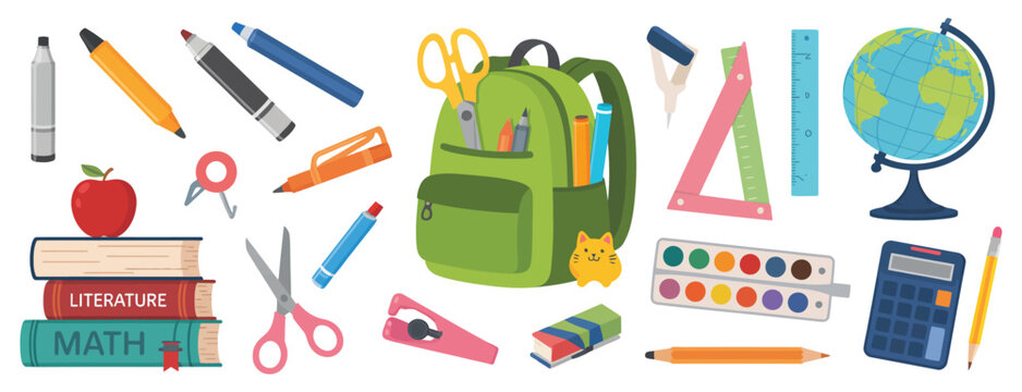 Vector art of a vibrant collection of pixel art school supplies, including a backpack, books, and stationery, isolated on white background, perfect for educational designs and creative projects