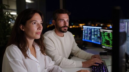 Young caucasian professionals focused on nighttime coding with multiple monitors in office.